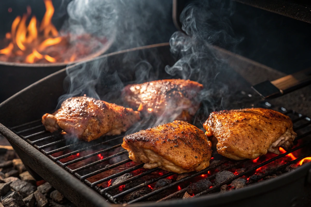 "A detailed image of chicken thighs on a smoker grill, with smoke rising, surrounded by glowing wood chip