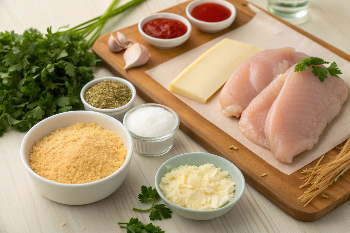 Ingredients for Longhorn Parmesan Crusted Chicken on a wooden counter