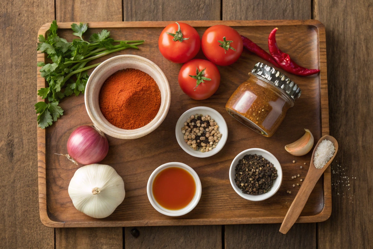 A detailed top-down view of fresh enchilada sauce ingredient