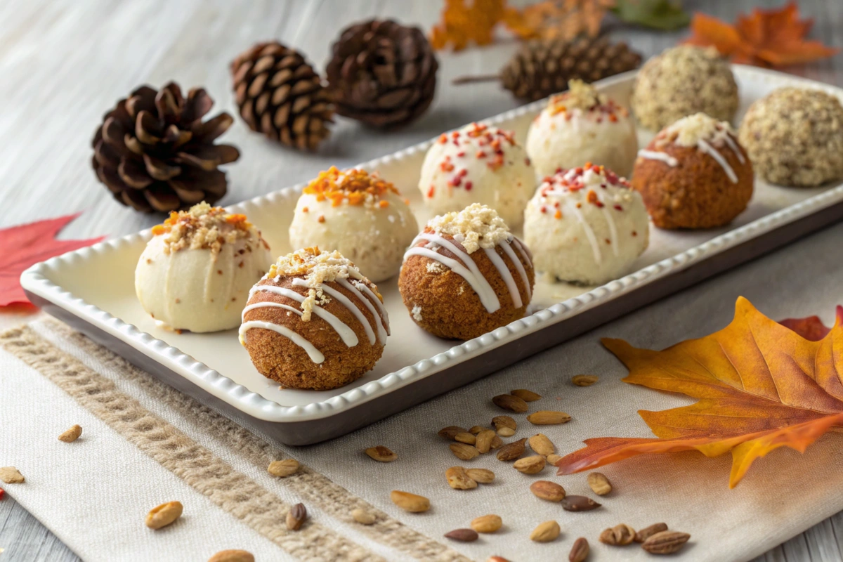 Festive tray of no bake pumpkin cheesecake balls