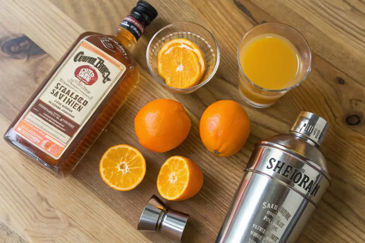 "Ingredients for Orange Tea Shot including whiskey, peach schnapps, orange juice, sour mix, and oranges.