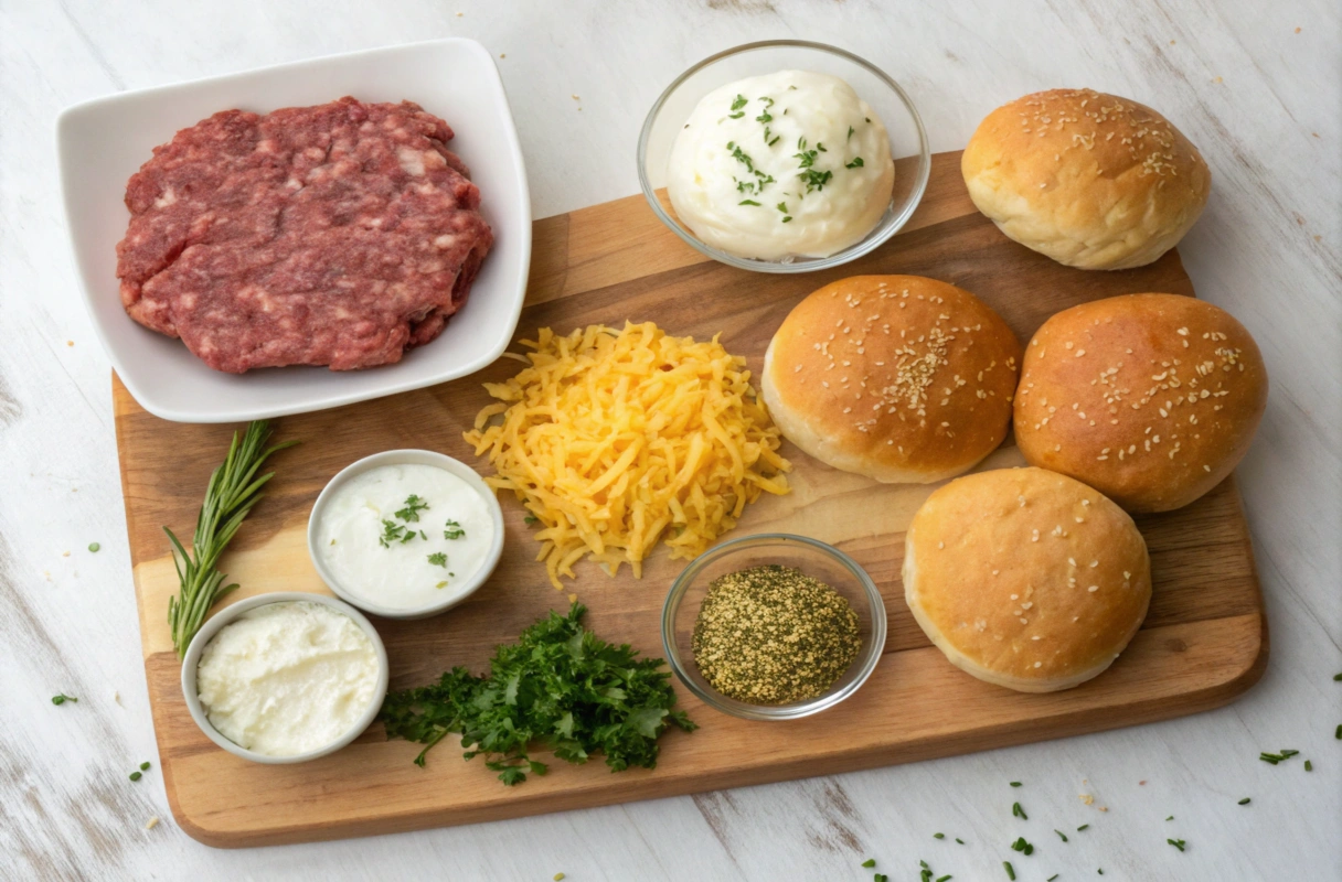 Crack burger ingredients including ground beef, cheese, sour cream, ranch seasoning, and buns arranged on a wooden cutting board