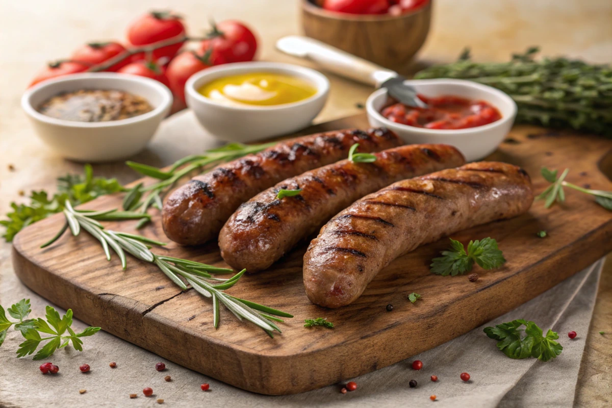 grilled beef sausages on a rustic wooden