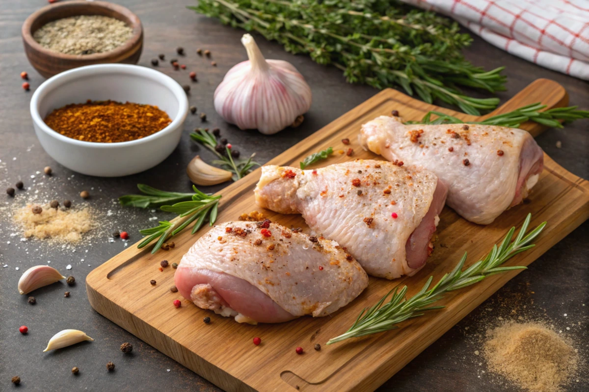 A high-resolution image of raw chicken thighs being marinated and seasoned with spices on a wooden cutting board,