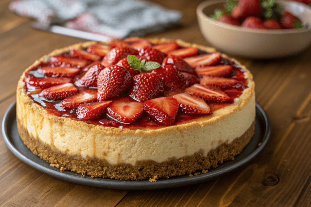 Homemade cheesecake with golden crust and strawberries on a wooden table