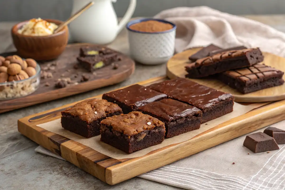 Three types of brownies – fudgy, cakey, and chewy, on a wooden board.