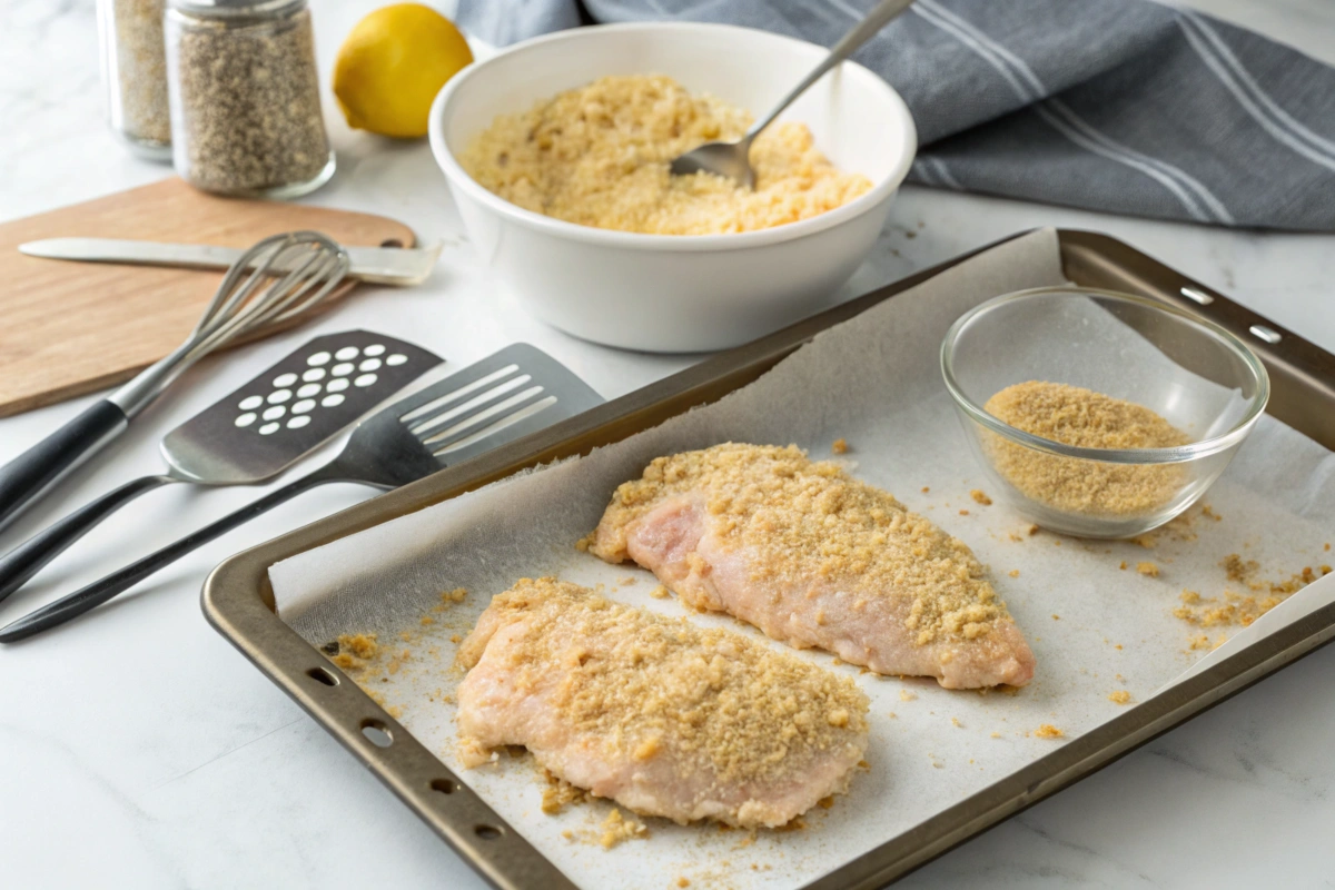 Marinated chicken and Parmesan crust mixture ready for preparation.