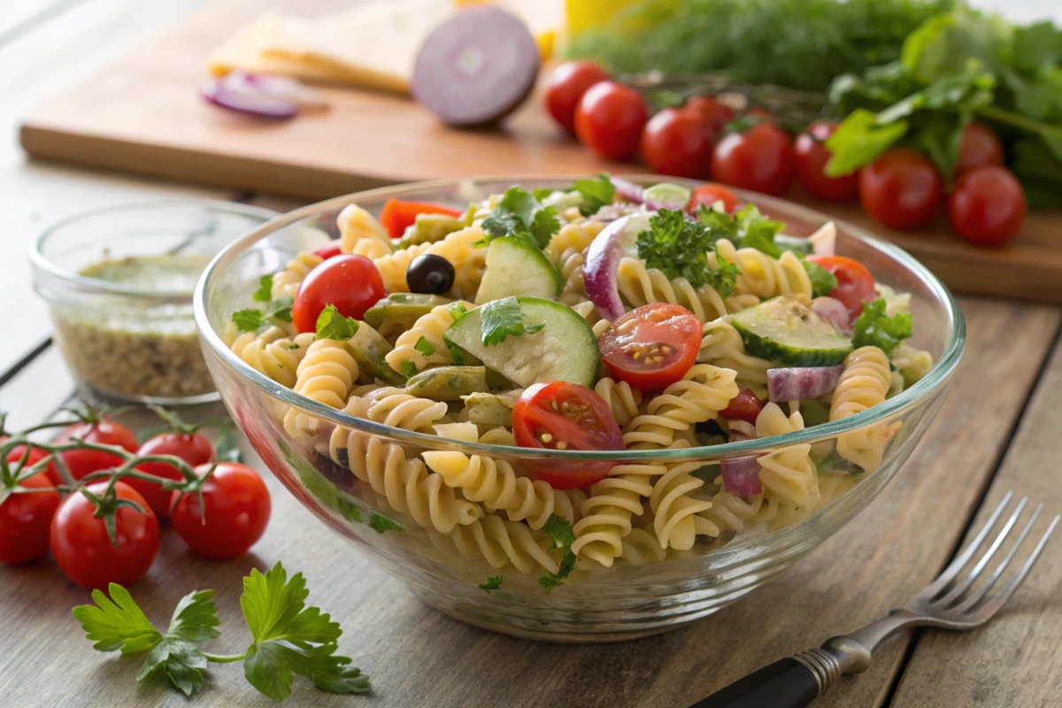 Vibrant pasta salad with rotini, vegetables, and vinaigrette