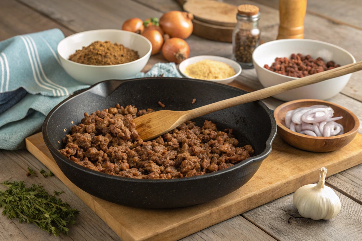 rowned ground beef being cooked in a skillet with garlic and onions for homemade beefaroni