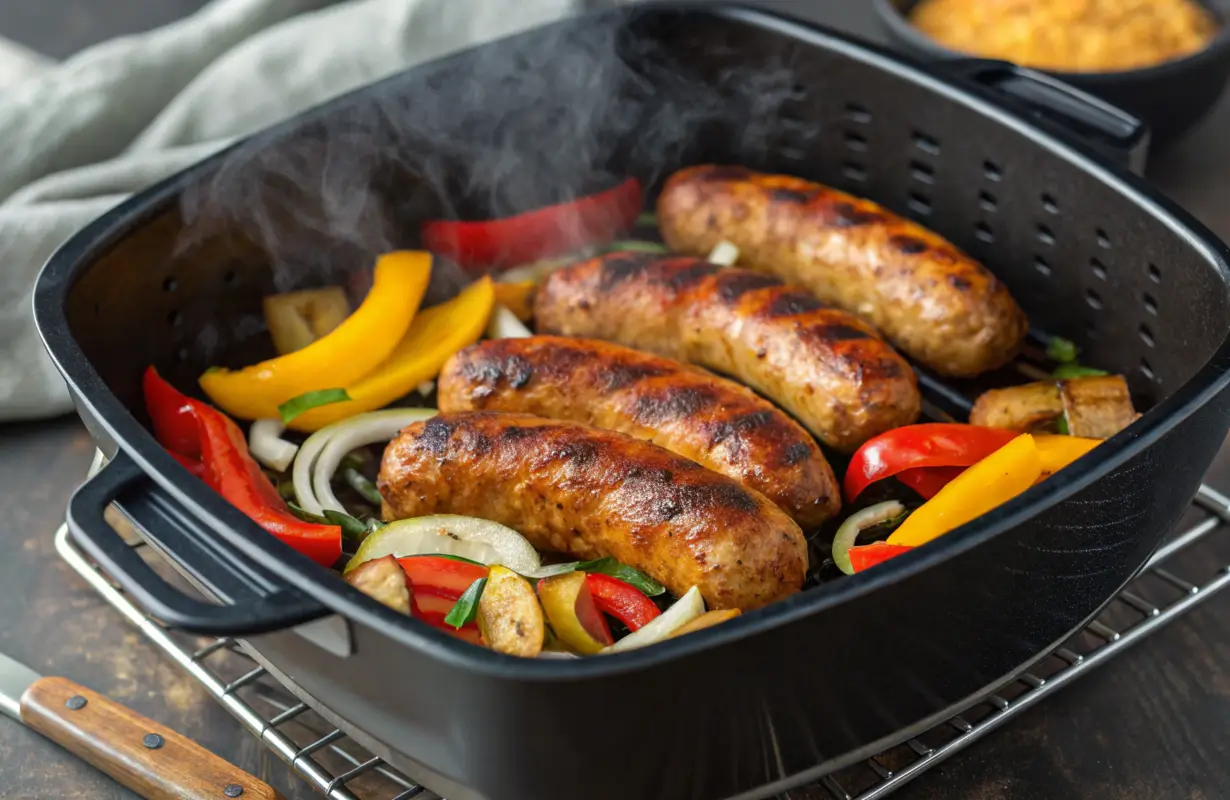 A modern air fryer basket filled with sizzling Italian sausages