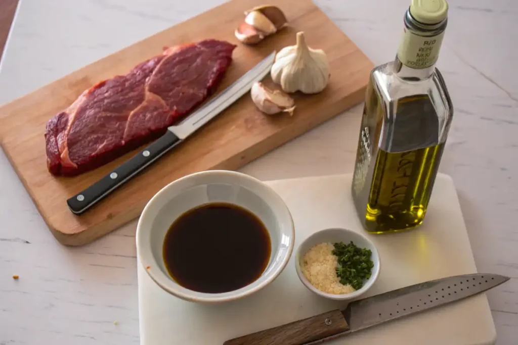 "Soy sauce, olive oil, and garlic for a simple steak marinade recipe."