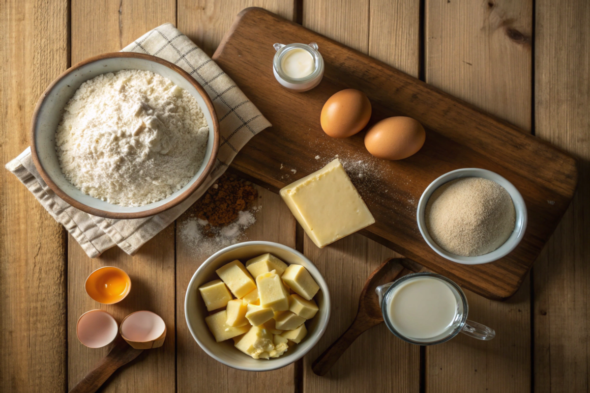 A neatly arranged flat-lay of ingredients for a Gipfeli recipe,