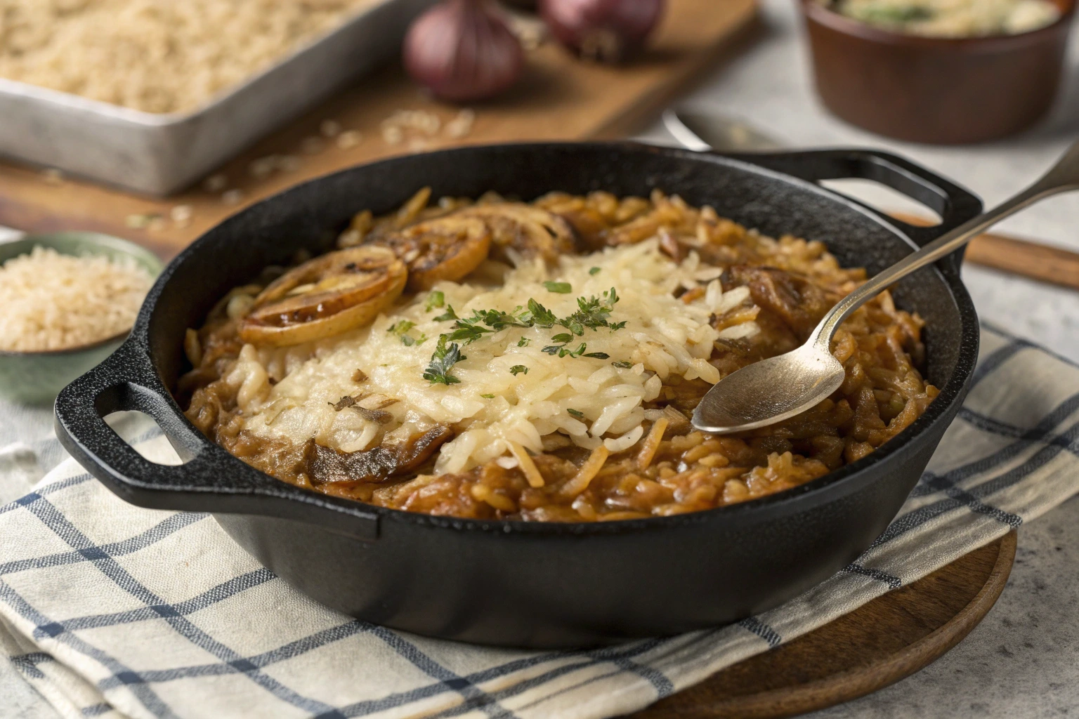 One-pan French Onion Soup Rice in a cast iron skillet topped with Gruyere cheese and caramelized onions.