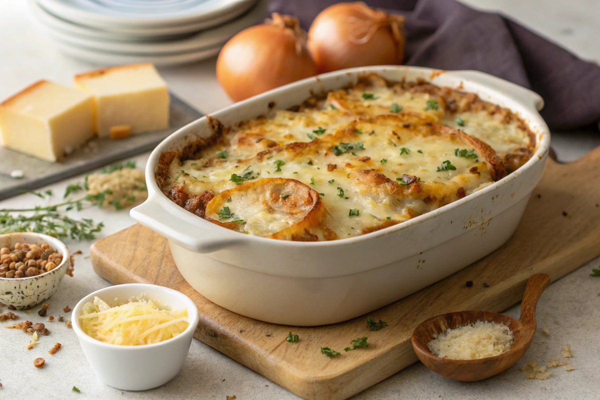 Baked French Onion Soup Rice in a casserole dish with golden-brown cheese and herb garnis