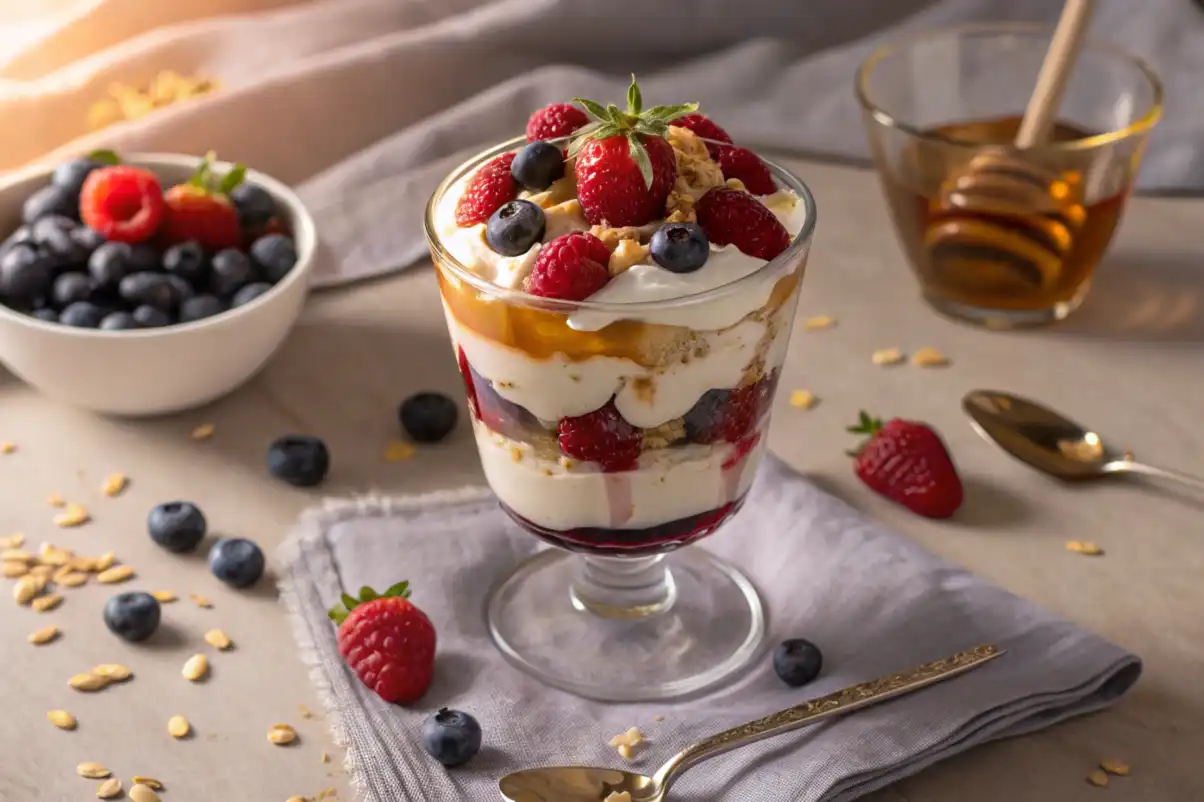 Berry Parfait with Chantilly Cream and Honey Drizzle