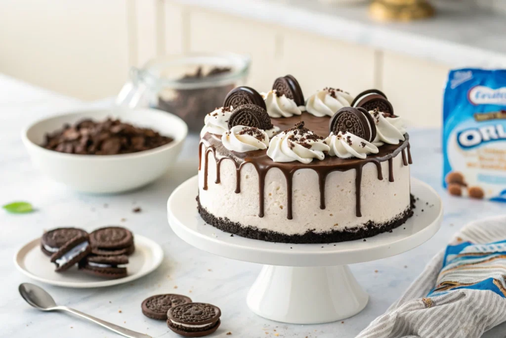 A perfectly made Oreo ice cream cake sitting on a white cake stand