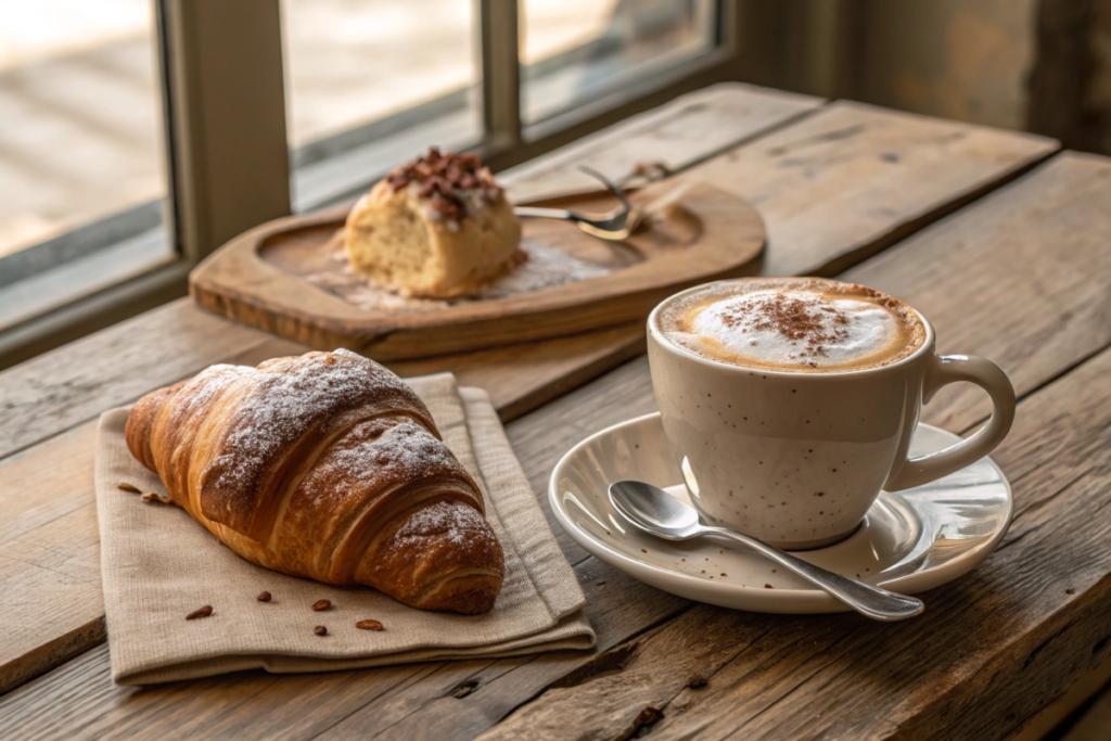 Classic Italian breakfast of cornetto and cappuccino