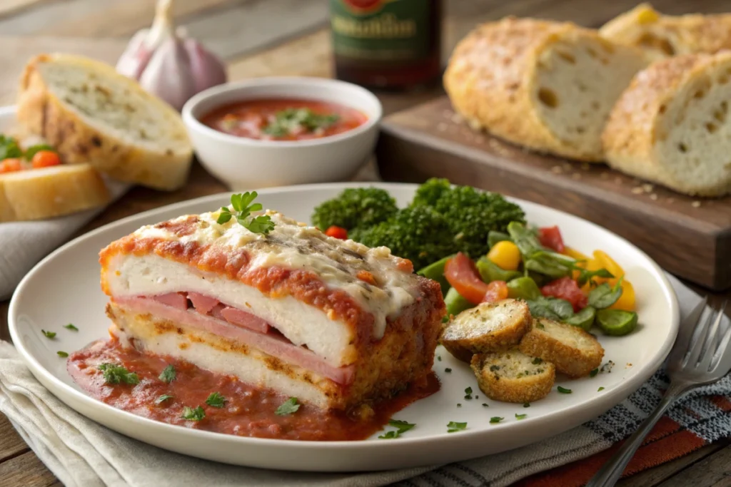 Plated Chicken Cordon Bleu Meatloaf Marinara with garnishes and side dishes.