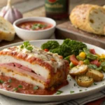 Plated Chicken Cordon Bleu Meatloaf Marinara with garnishes and side dishes.