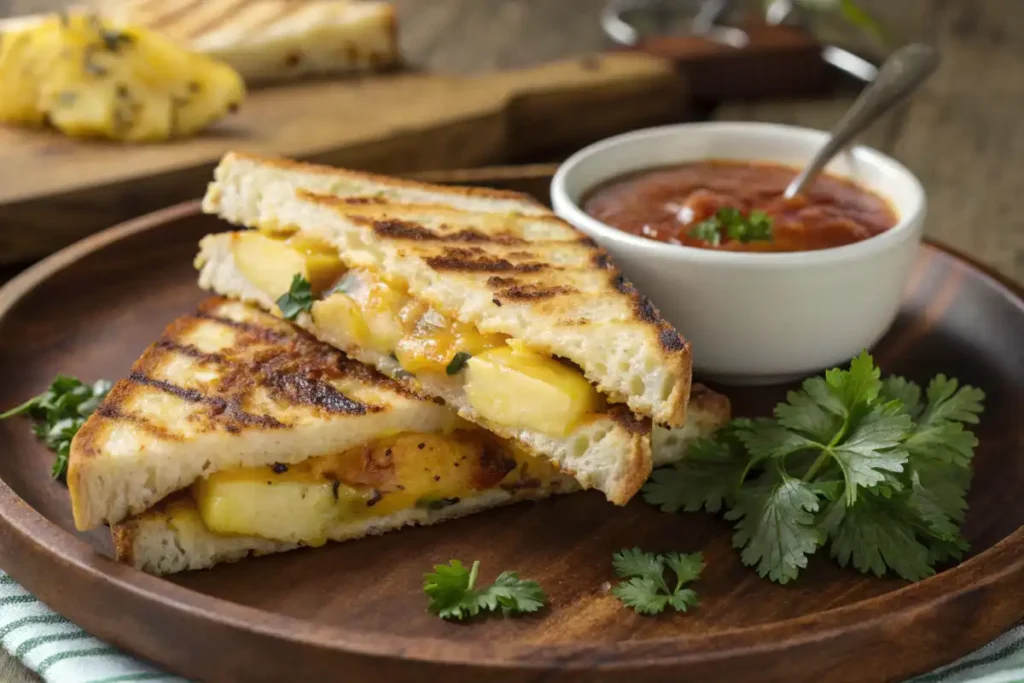 "Grilled pineapple and cheese sandwich with melted cheese layers, served with dipping sauce