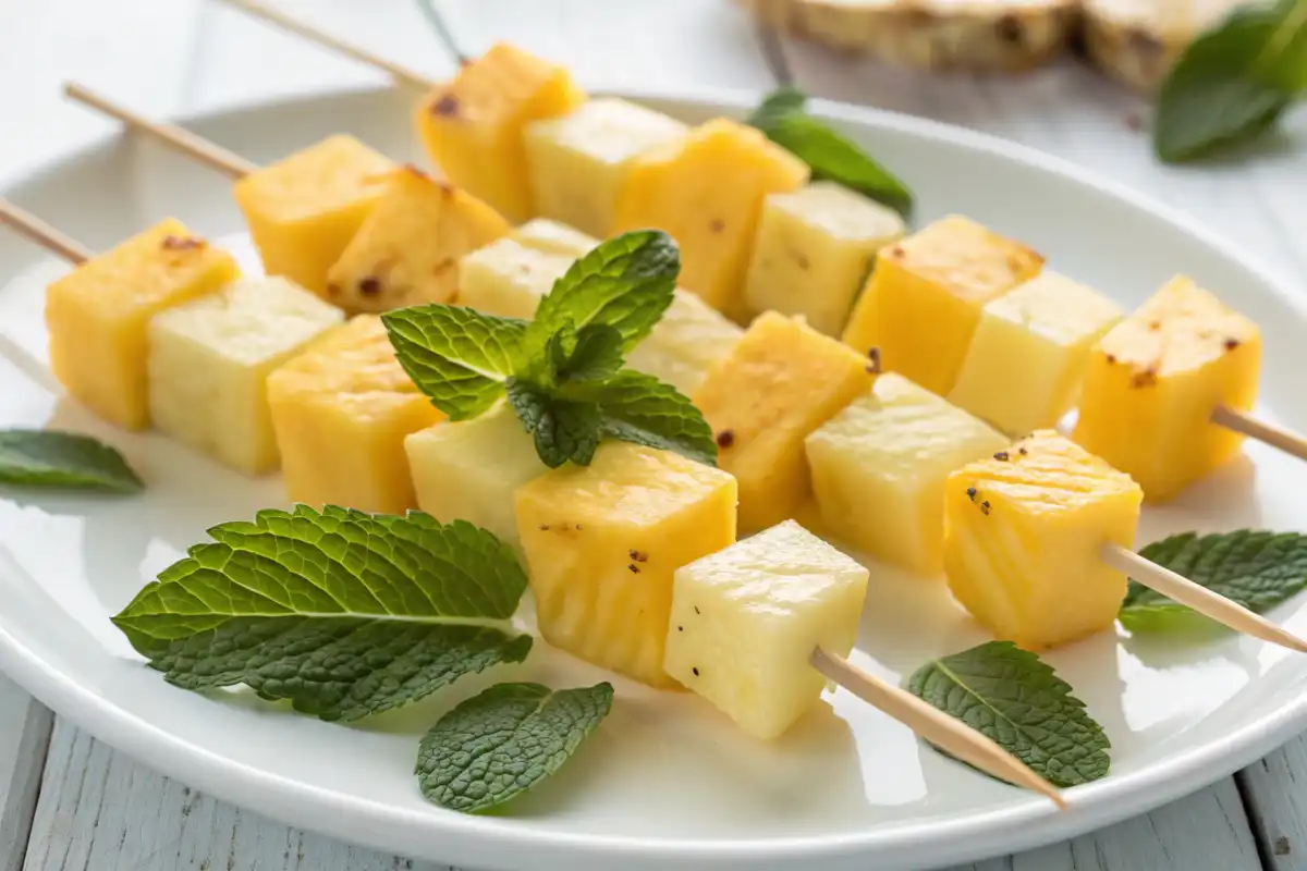 Pineapple and cheddar cheese skewers with mint garnish on a white plate.