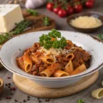 Beefaroni garnished with parsley, spices, and cheese on a rustic table