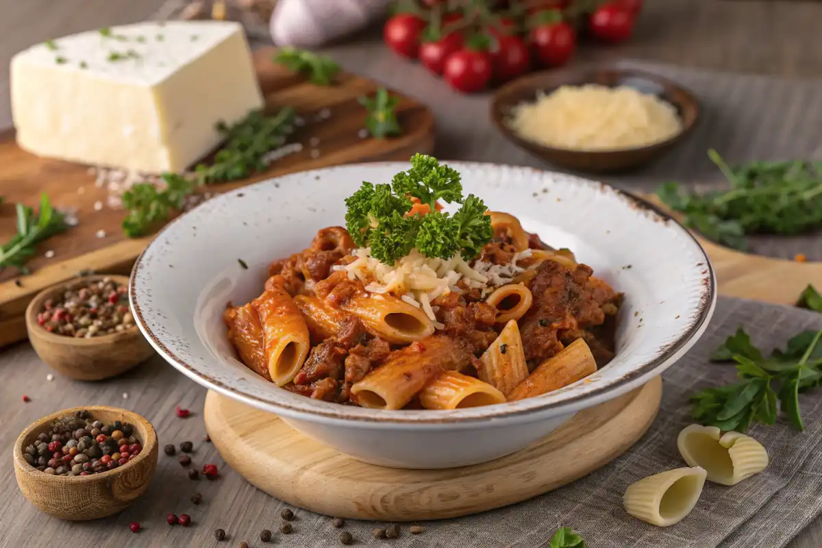 Beefaroni garnished with parsley, spices, and cheese on a rustic table