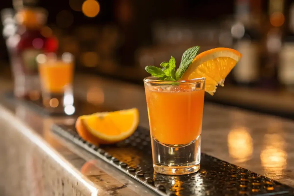 Orange Tea Shot garnished with an orange slice and mint on a bar counter.