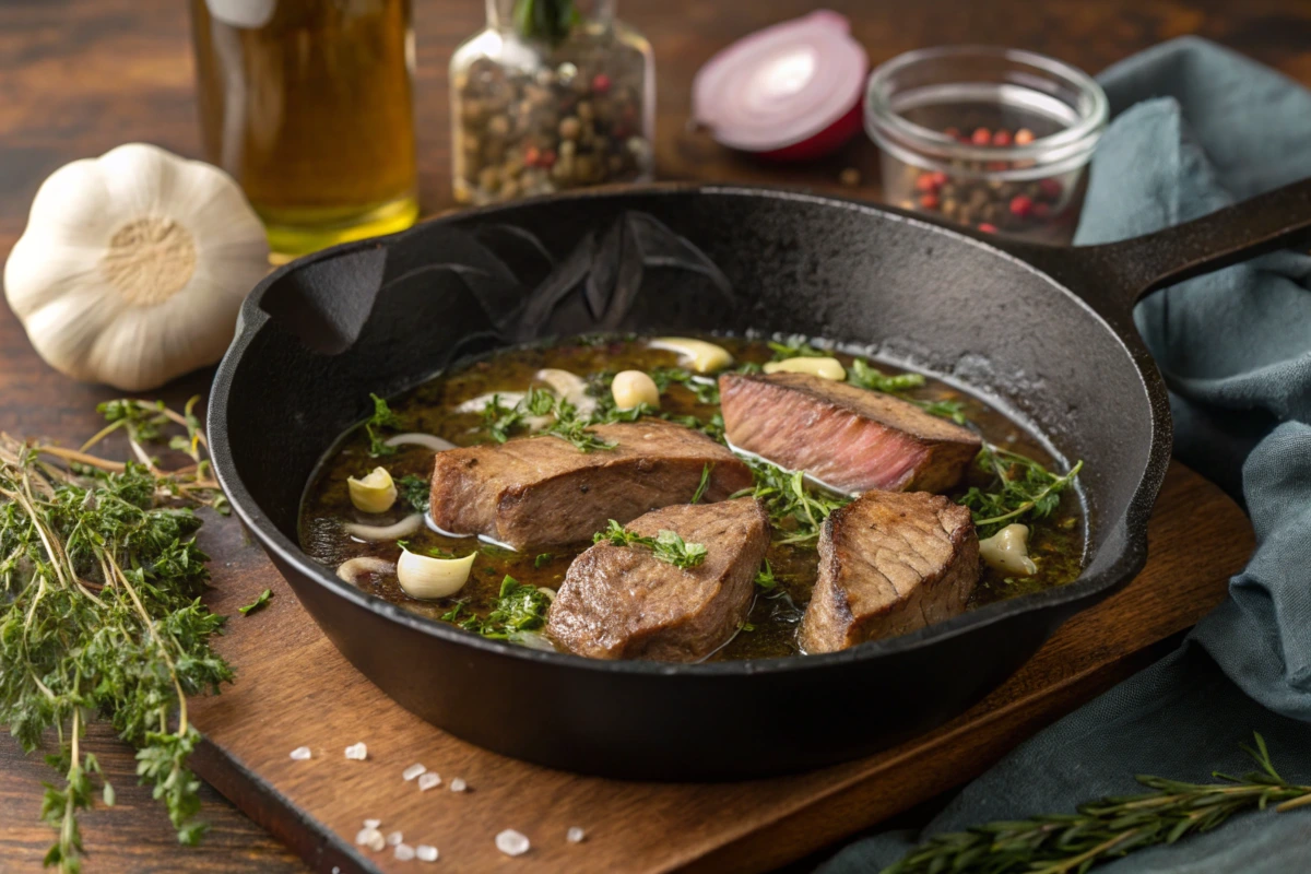 skillet with thin slices of beef heart