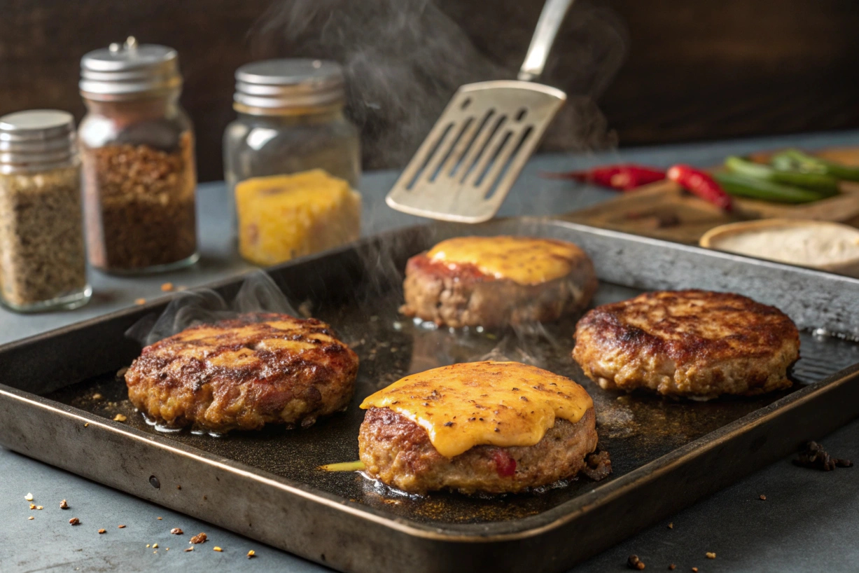 Crack burger patties on a griddle with cheese melting and a golden-brown crust