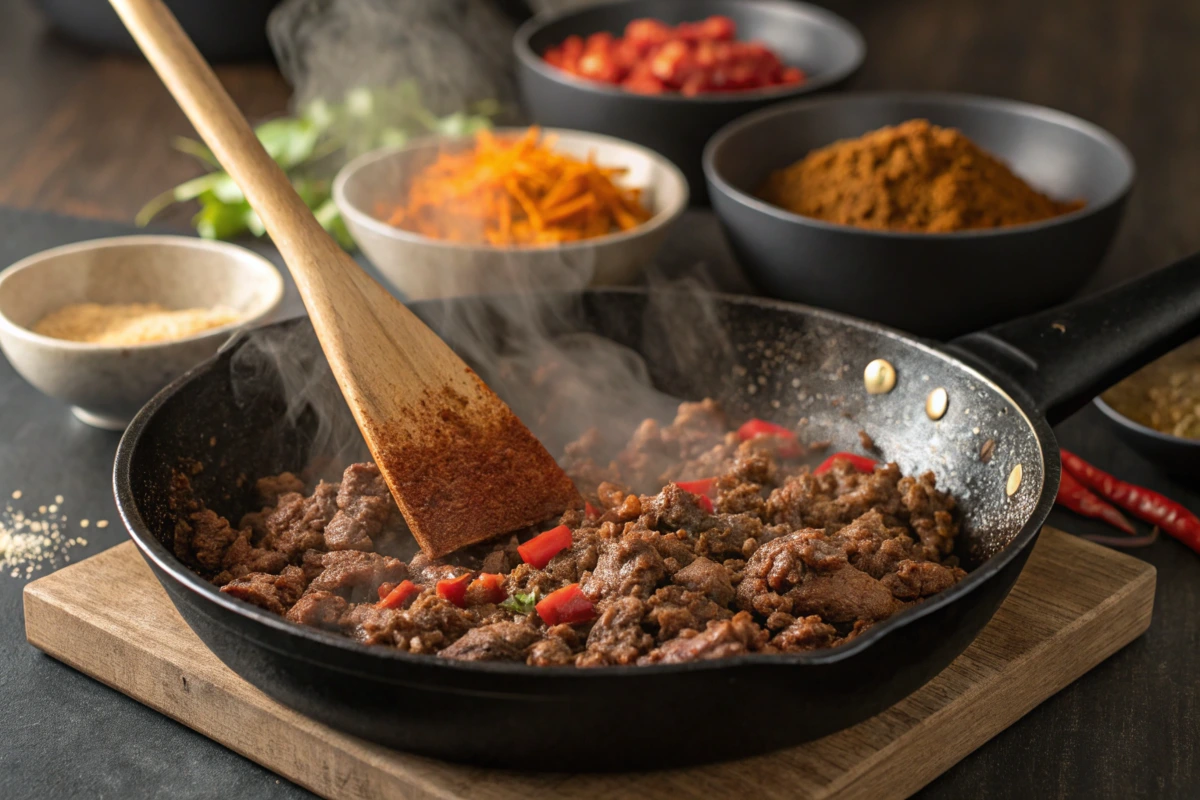 skillet on a stovetop with seasoned ground beef sizzling