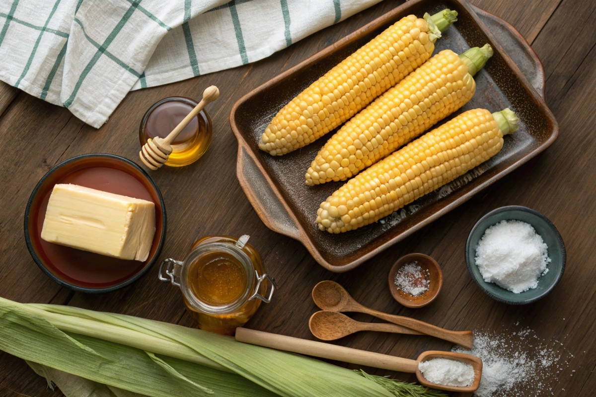 fresh corn, butter, honey, and seasonings arranged on a wooden table.