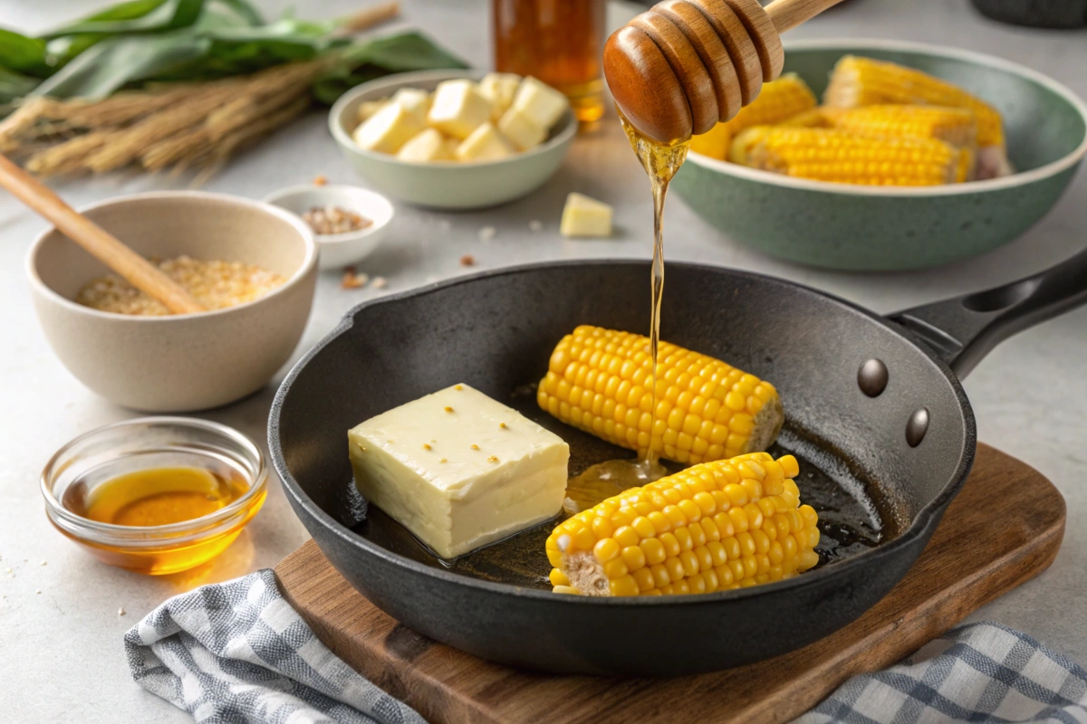 Skillet with butter, corn, and honey being cooked step-by-step