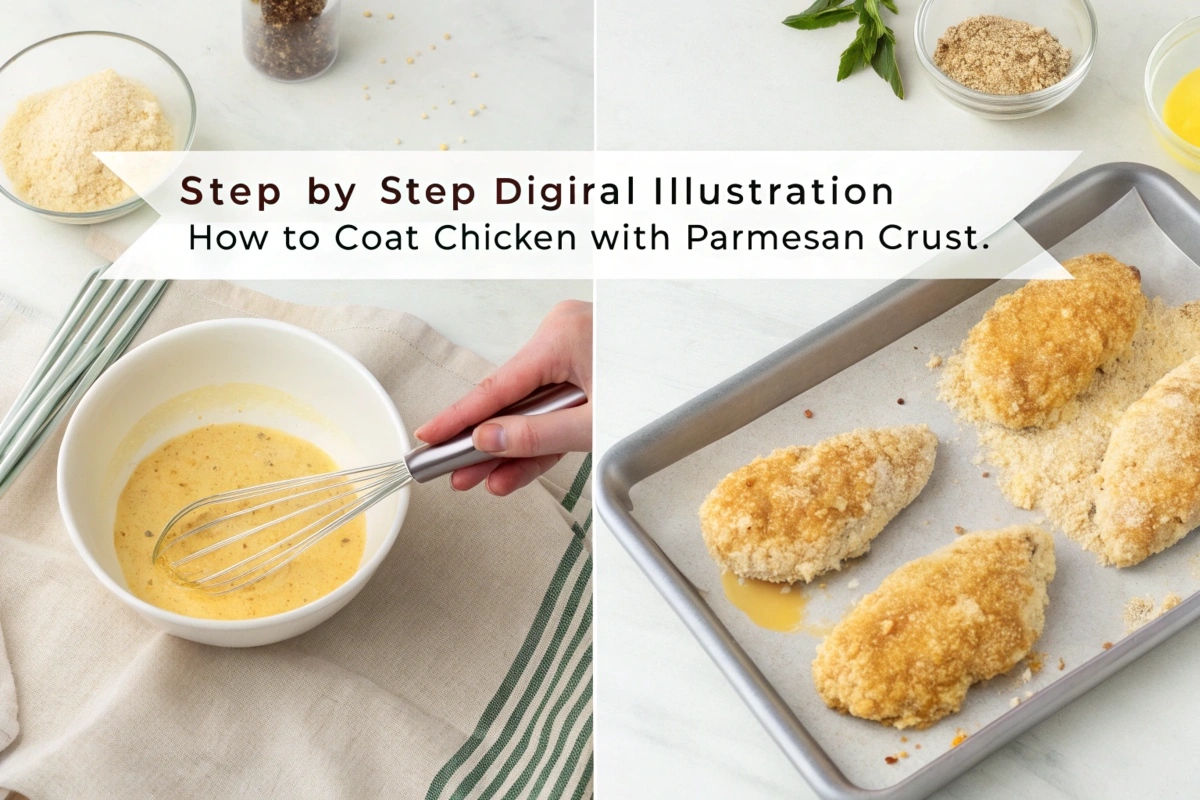 Chicken being coated with Parmesan crust in a three-step process.