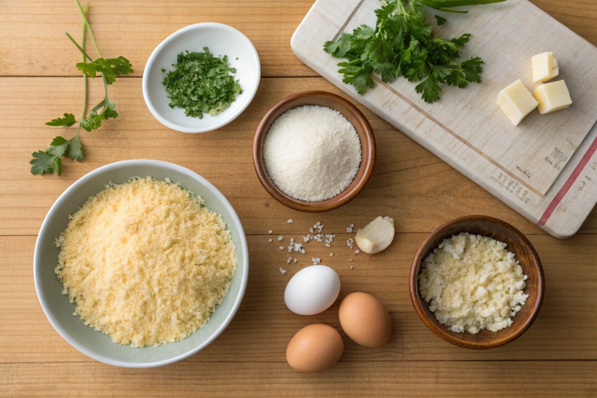  Essential ingredients for Parmesan crust, including Parmesan cheese and breadcrumb