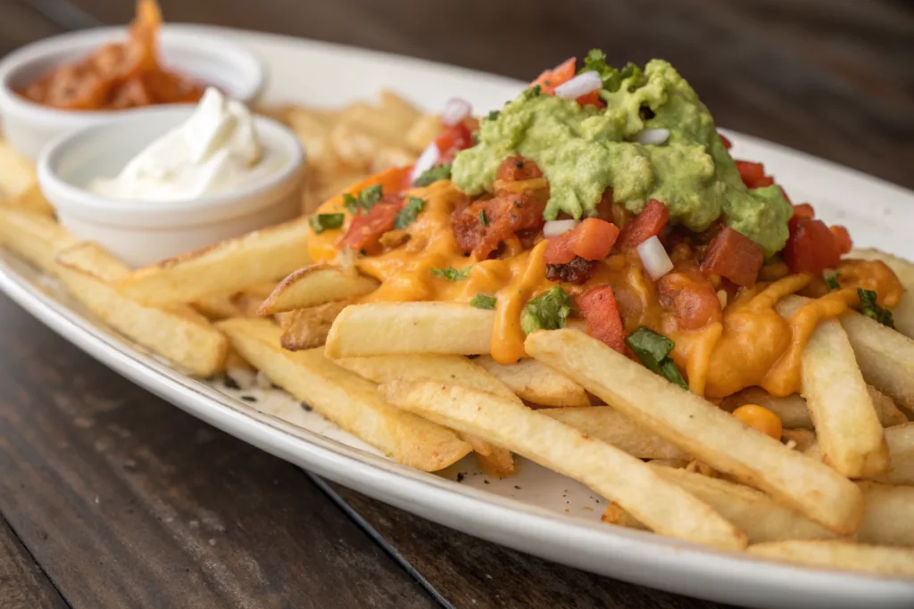 Step-by-step process of making Papas Locas, from plain fries to loaded with toppings