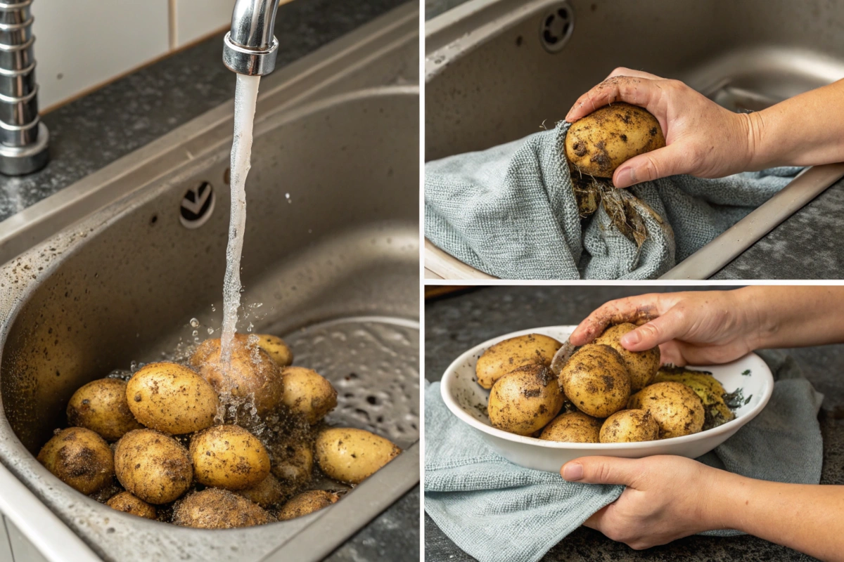 Cleaning muddy potatoes: scrubbing under water and drying on a towel.