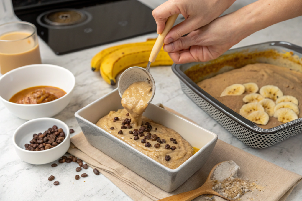 Cardamom coffee banana bread ingredients, including bananas, cardamom, coffee, and baking essentials, arranged on a wooden table.