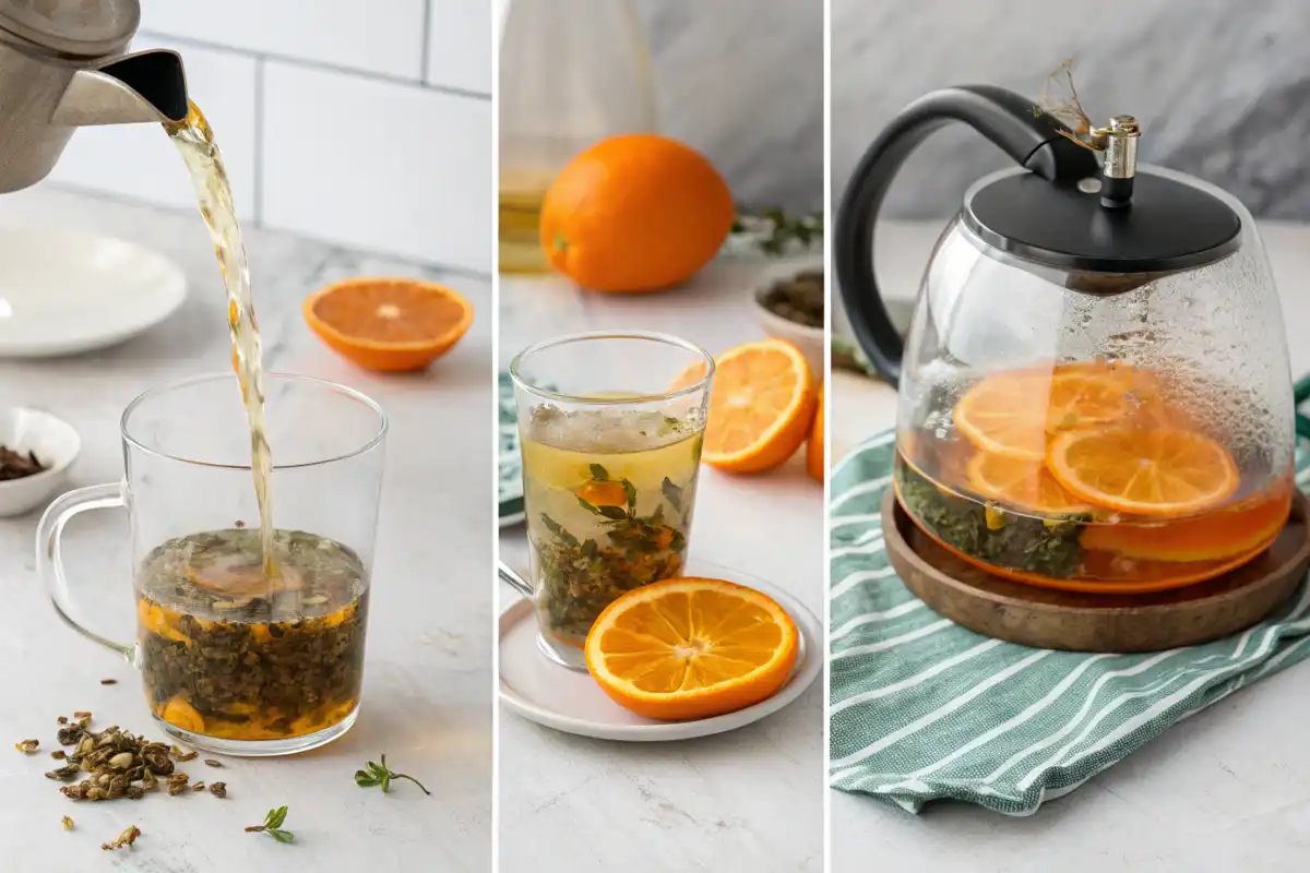 Steaming cup of orange tea with fresh orange slices and cinnamon stick