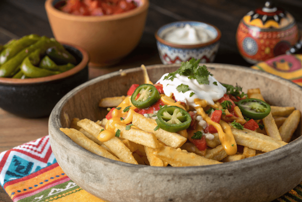 A bowl of Papas Locas topped with melted cheese, guacamole, sour cream, tomatoes, and jalapeños on a colorful tablecloth