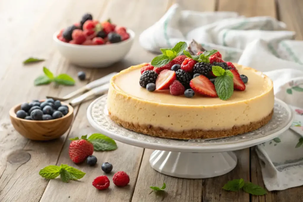 A cheesecake with a golden crust and fresh berry garnish