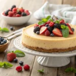 A cheesecake with a golden crust and fresh berry garnish