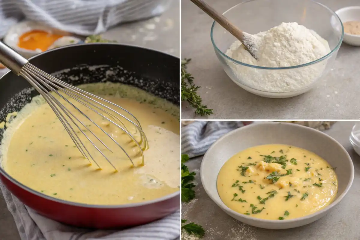 lfredo sauce and cream sauce cooking in saucepans on a stove