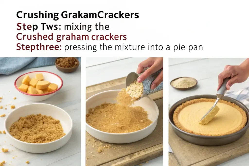 Steps for preparing a cheesecake crust: crushing, mixing, and pressing into a pan