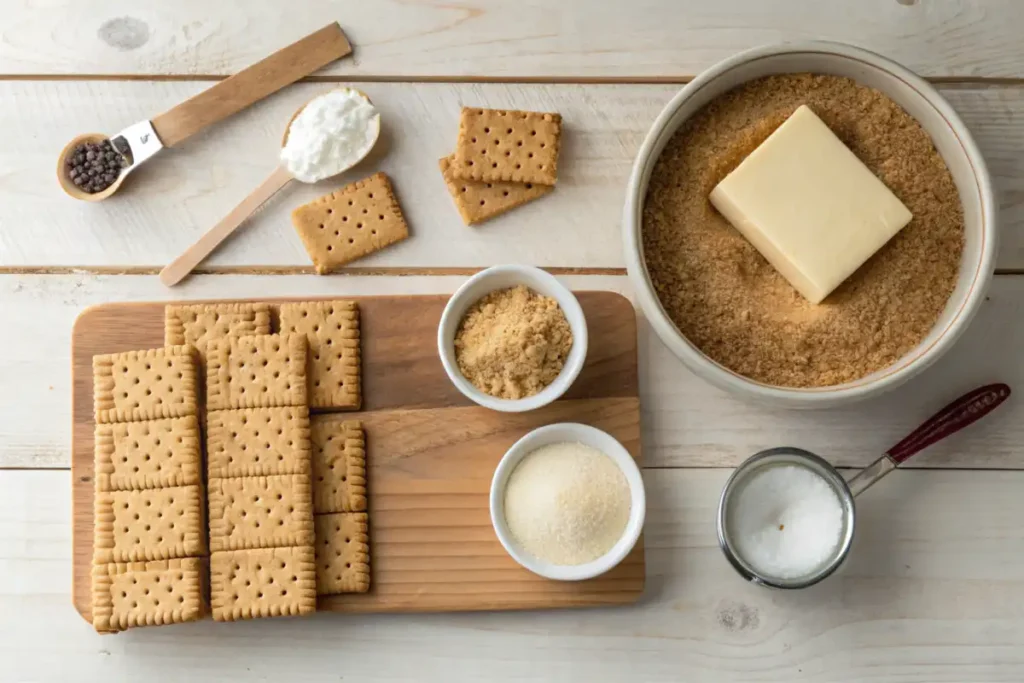 Ingredients for making a cheesecake crust, including graham crackers, butter, and sugar.