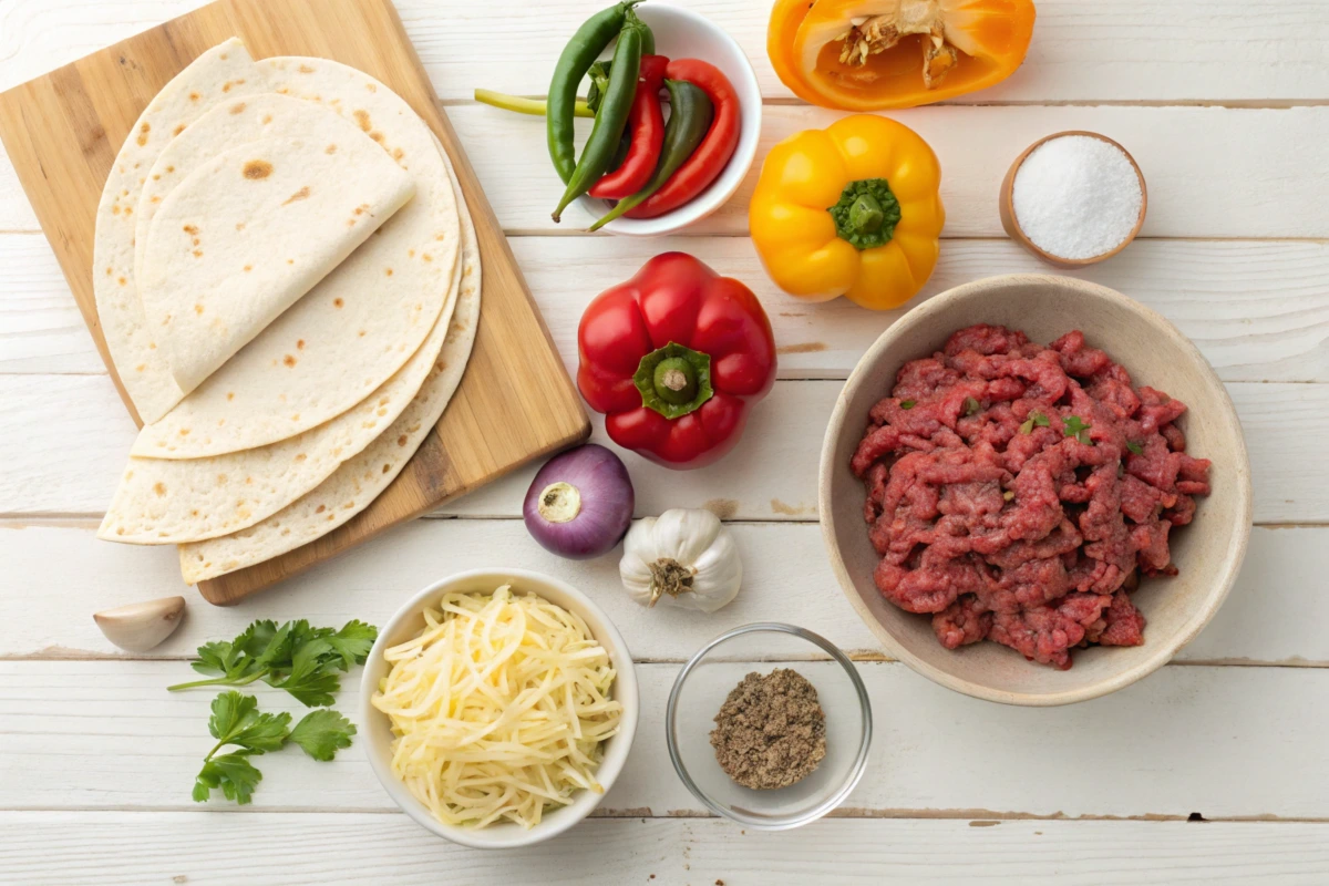 A top-down view of fresh ingredients for a beef quesadilla recipe 