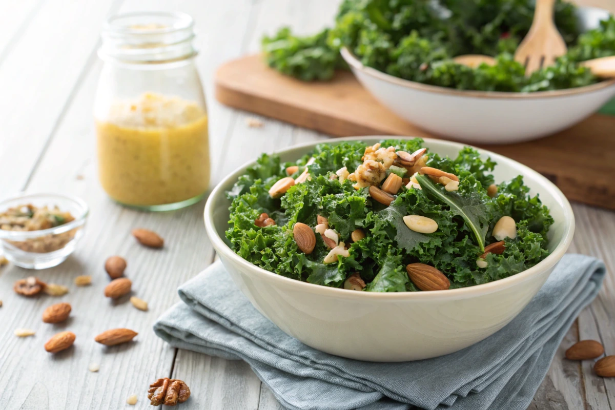 A vibrant and appetizing Chick-Fil-A kale salad served in a white bowl on a wooden table