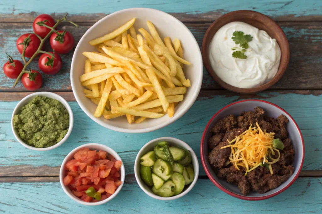 Ingredients for Papas Locas laid out on a wooden table, including fries, cheese, and toppings