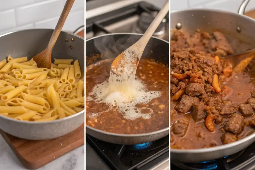 Step-by-step Beefaroni preparation with pasta, sauce, and cheese.