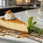 Slice of cheesecake with graham cracker crust and whipped cream on a white plate.